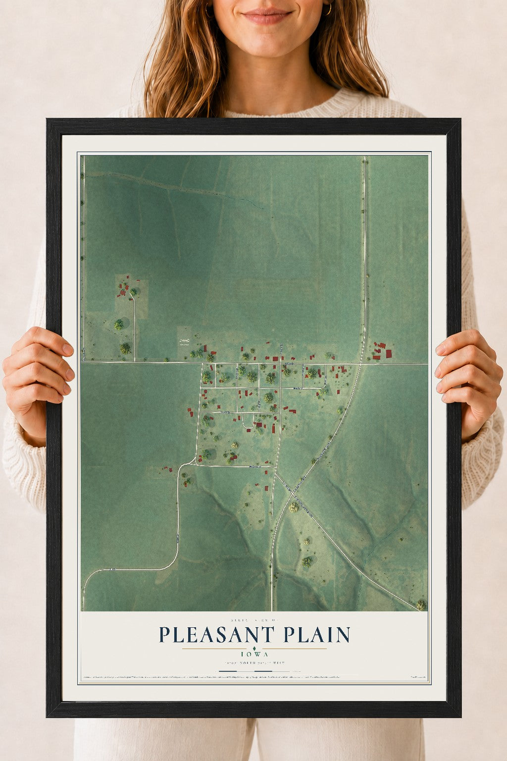 Map of Pleasant Plain, Iowa, 18 x 24 inch print in a black wood frame
