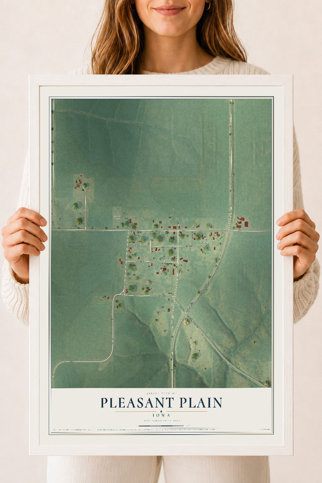Map of Pleasant Plain, Iowa, 18 x 24 inch print in a white wood frame