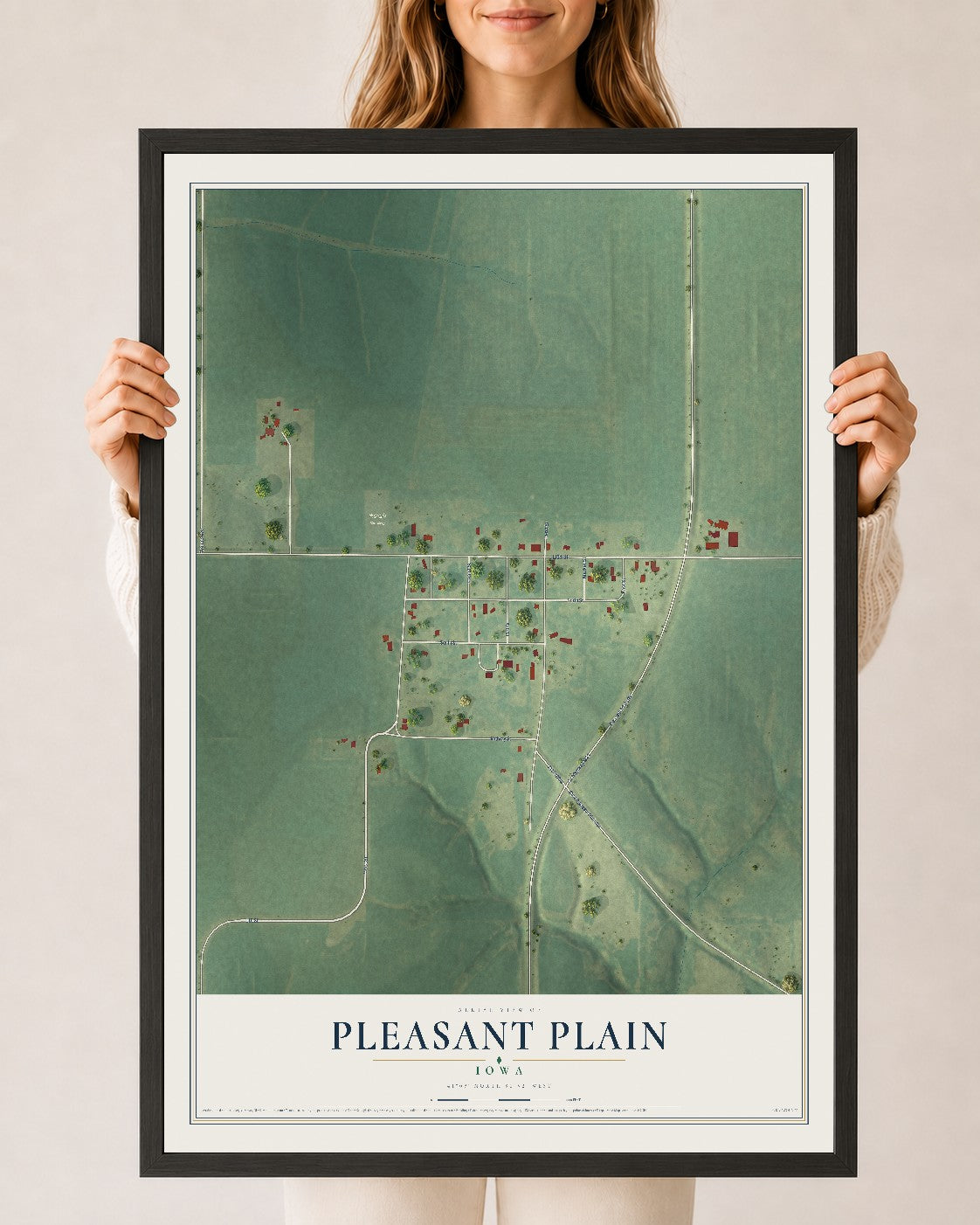 Map of Pleasant Plain, Iowa, 24 x 36 inch print in a black wood frame
