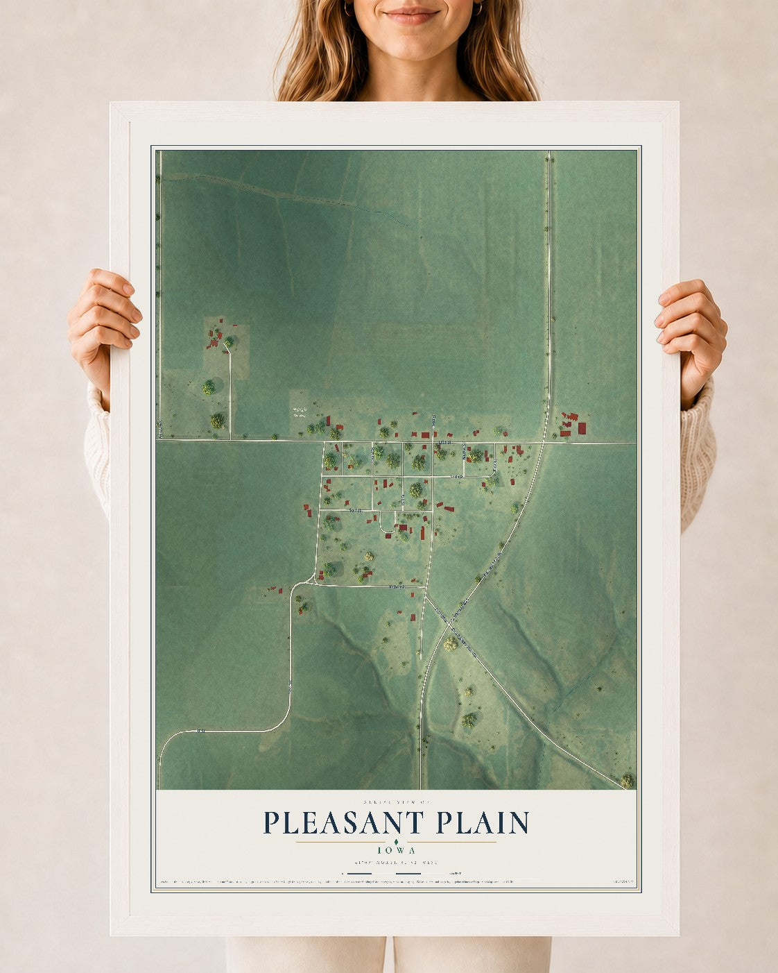 Map of Pleasant Plain, Iowa, 24 x 36 inch print in a white wood frame