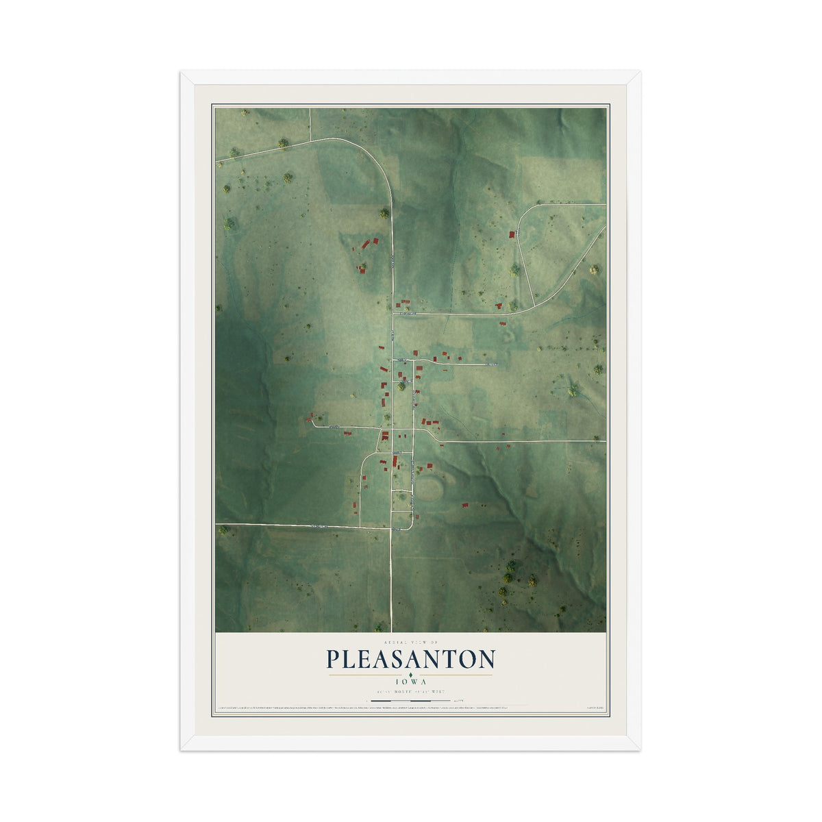 Map of Pleasanton, Iowa, 12 x 18 inch print in a white wood frame