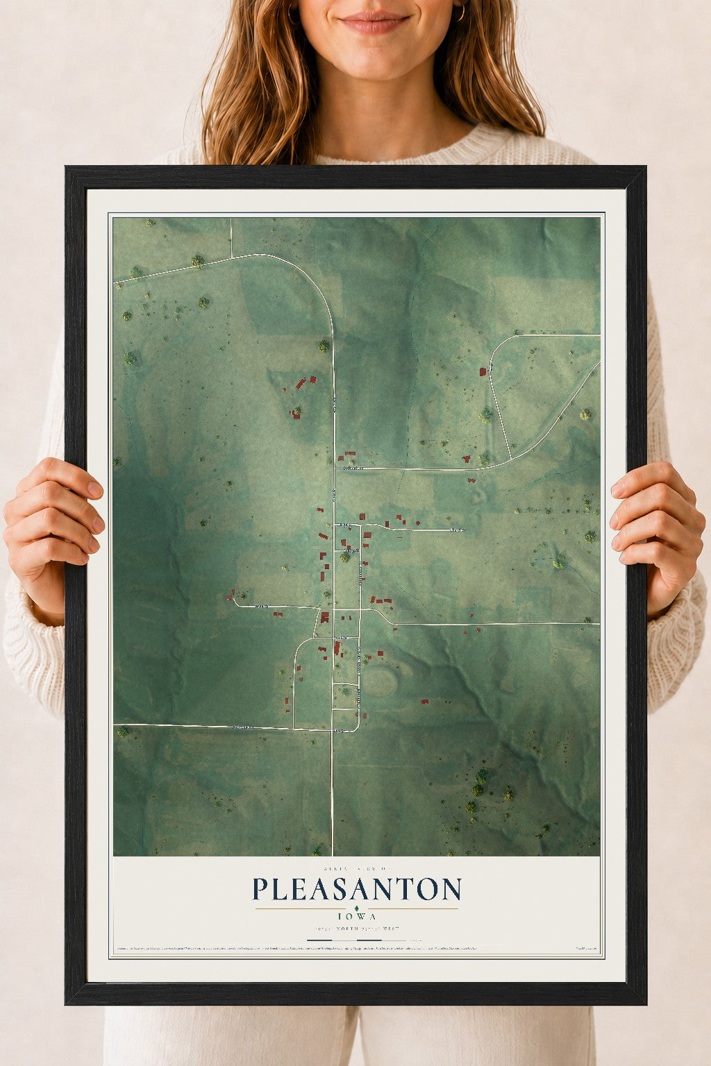 Map of Pleasanton, Iowa, 18 x 24 inch print in a black wood frame