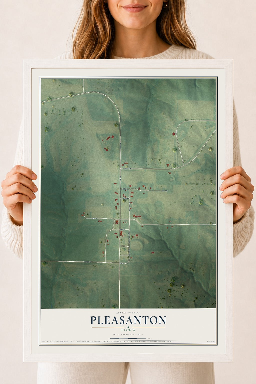 Map of Pleasanton, Iowa, 18 x 24 inch print in a white wood frame