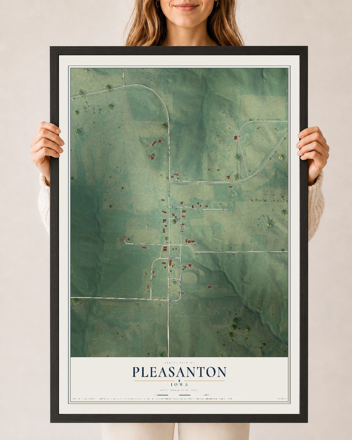 Map of Pleasanton, Iowa, 24 x 36 inch print in a black wood frame