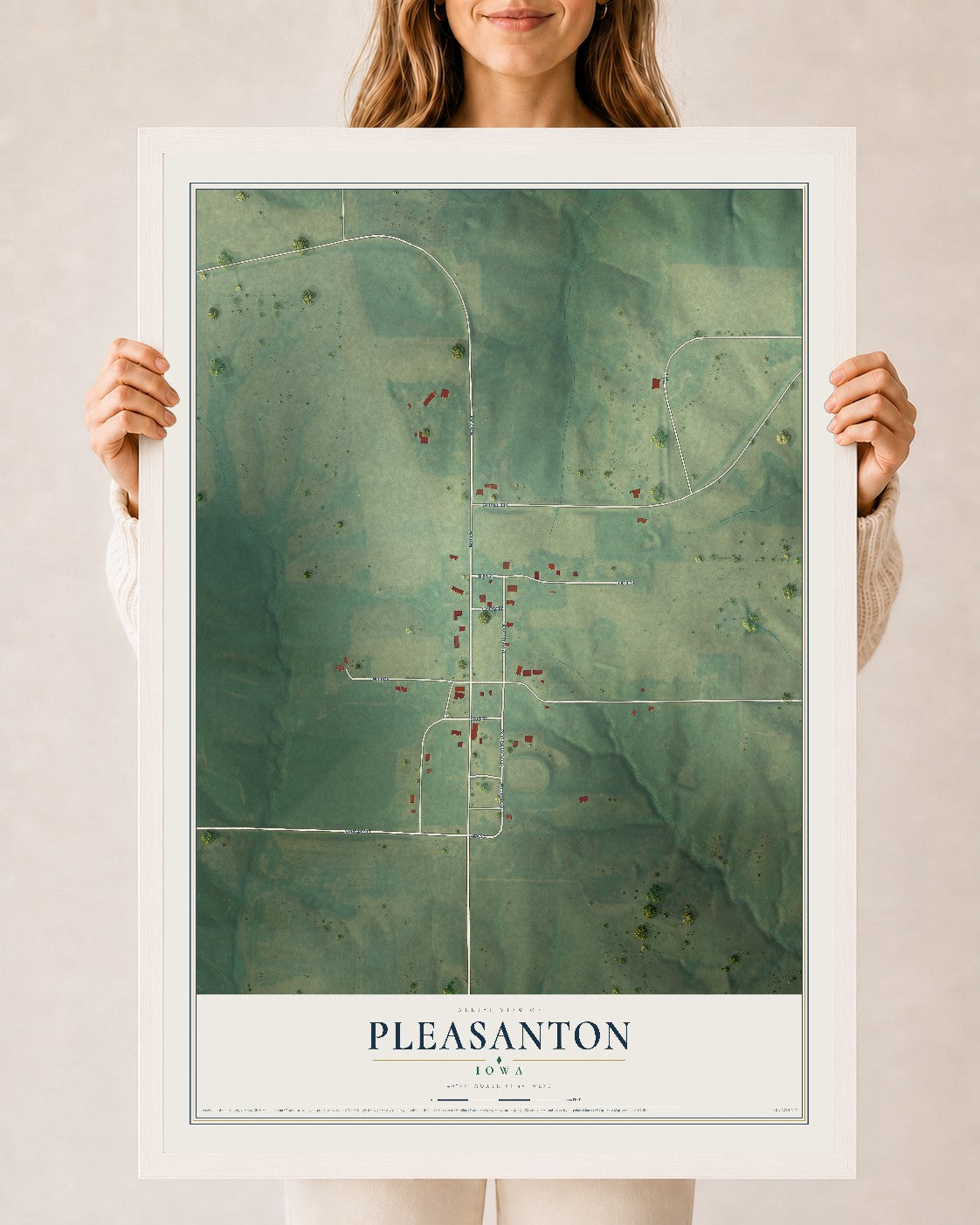 Map of Pleasanton, Iowa, 24 x 36 inch print in a white wood frame