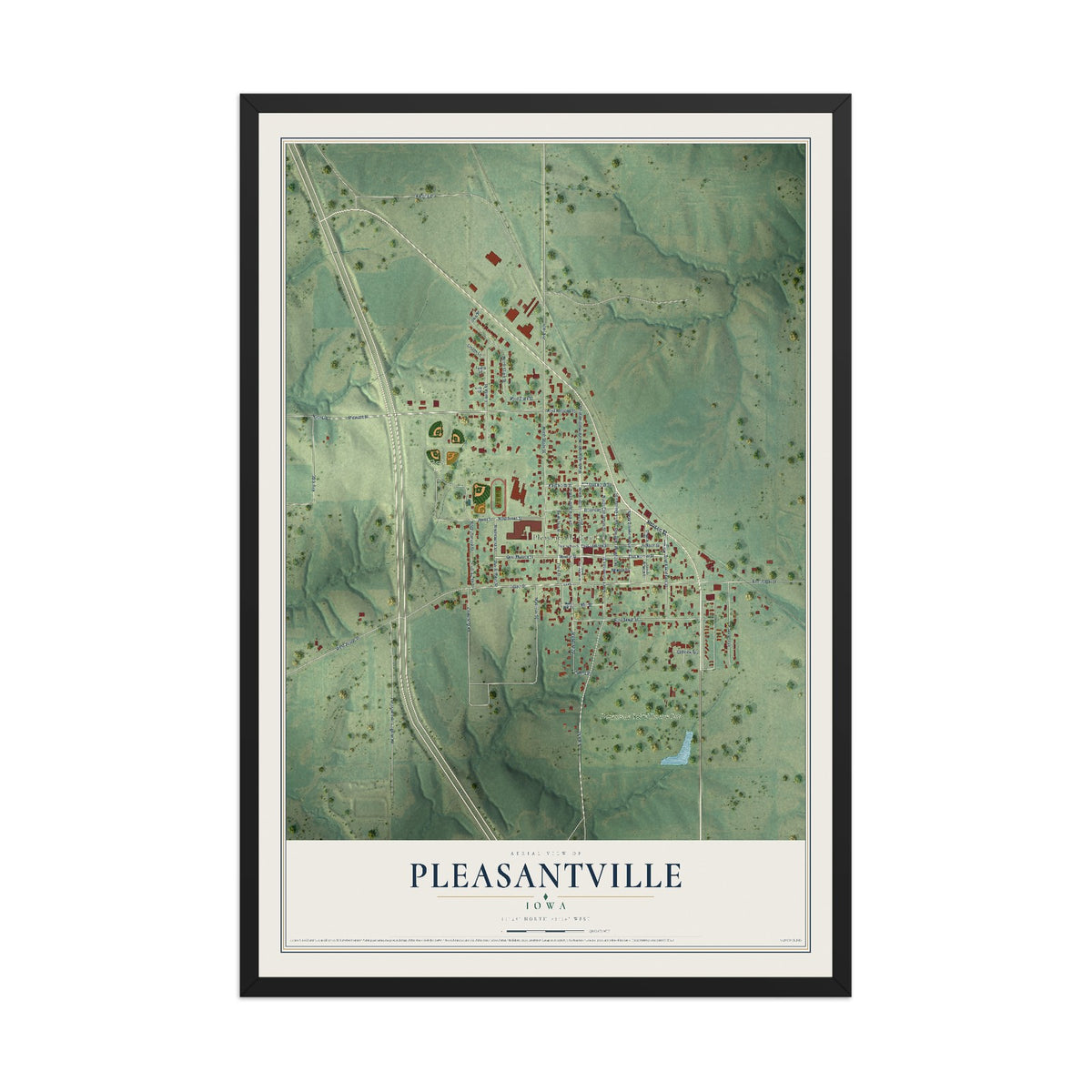 Map of Pleasantville, Iowa, 12 x 18 inch print in a black wood frame