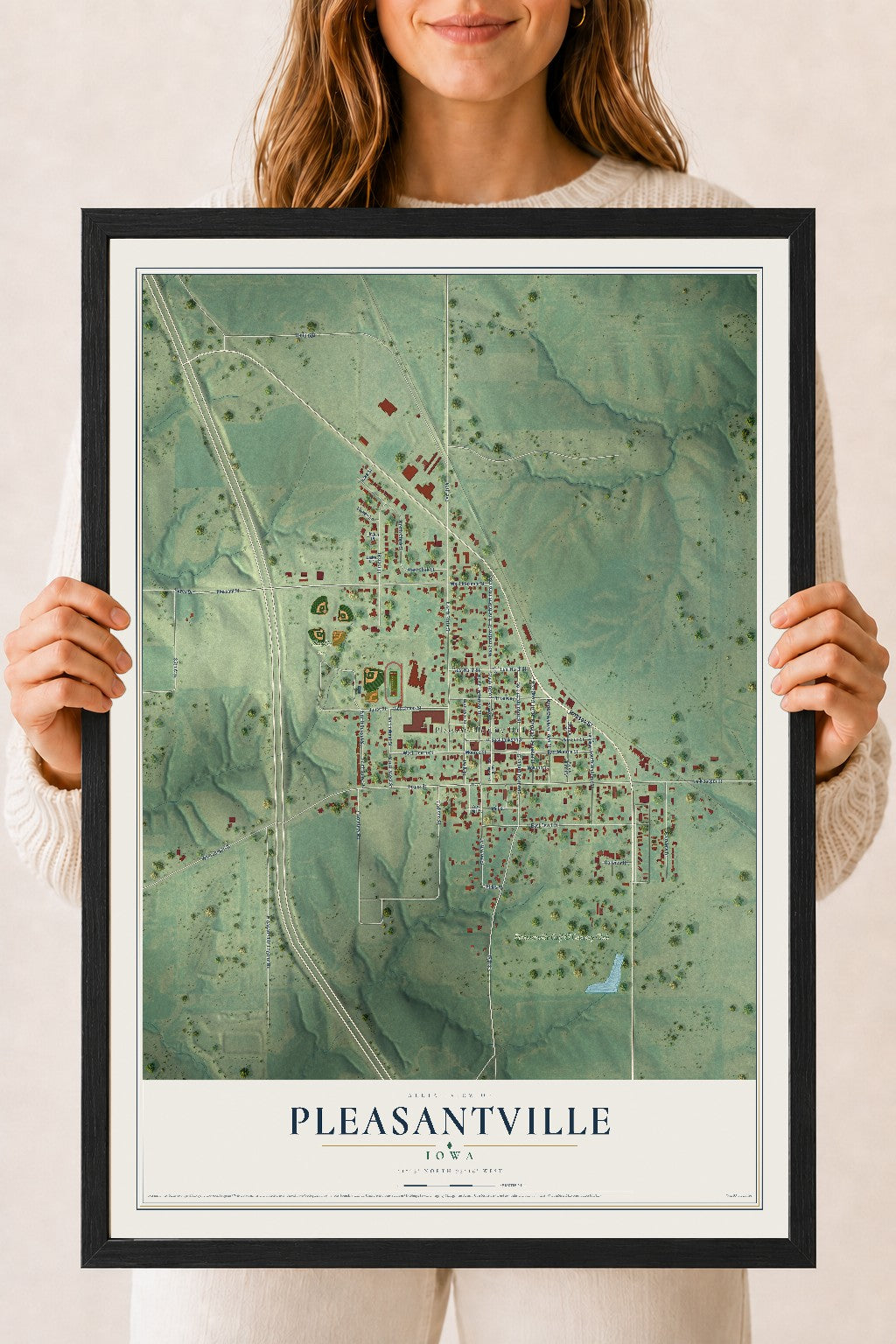 Map of Pleasantville, Iowa, 18 x 24 inch print in a black wood frame