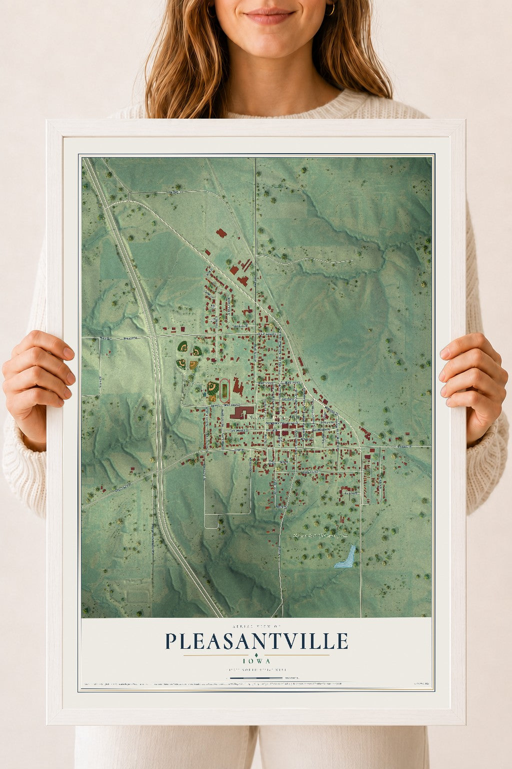 Map of Pleasantville, Iowa, 18 x 24 inch print in a white wood frame