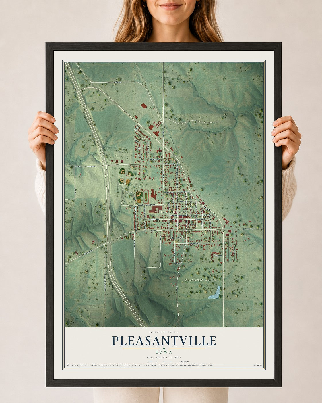 Map of Pleasantville, Iowa, 24 x 36 inch print in a black wood frame