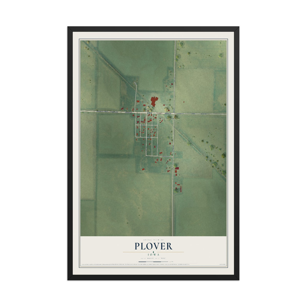 Map of Plover, Iowa, 12 x 18 inch print in a black wood frame