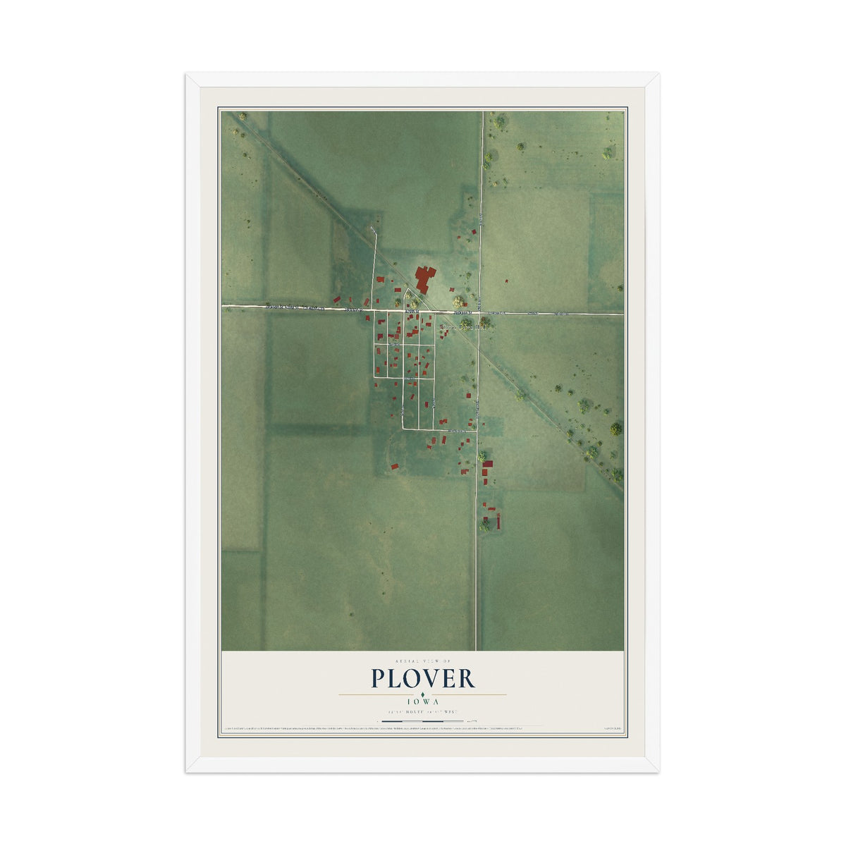 Map of Plover, Iowa, 12 x 18 inch print in a white wood frame