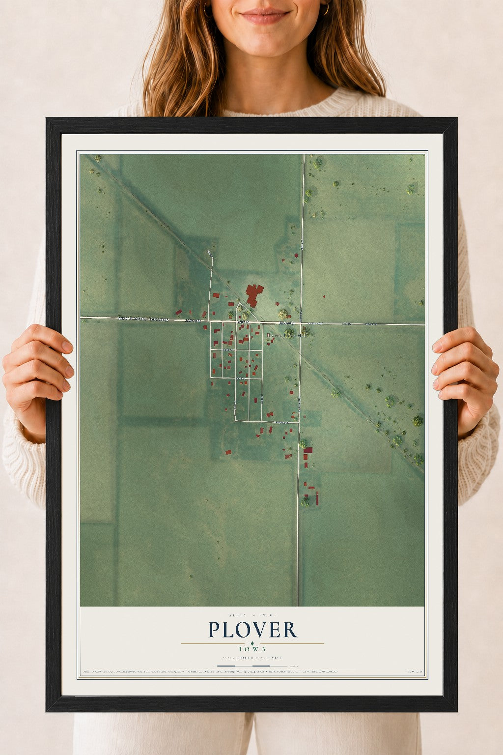 Map of Plover, Iowa, 18 x 24 inch print in a black wood frame