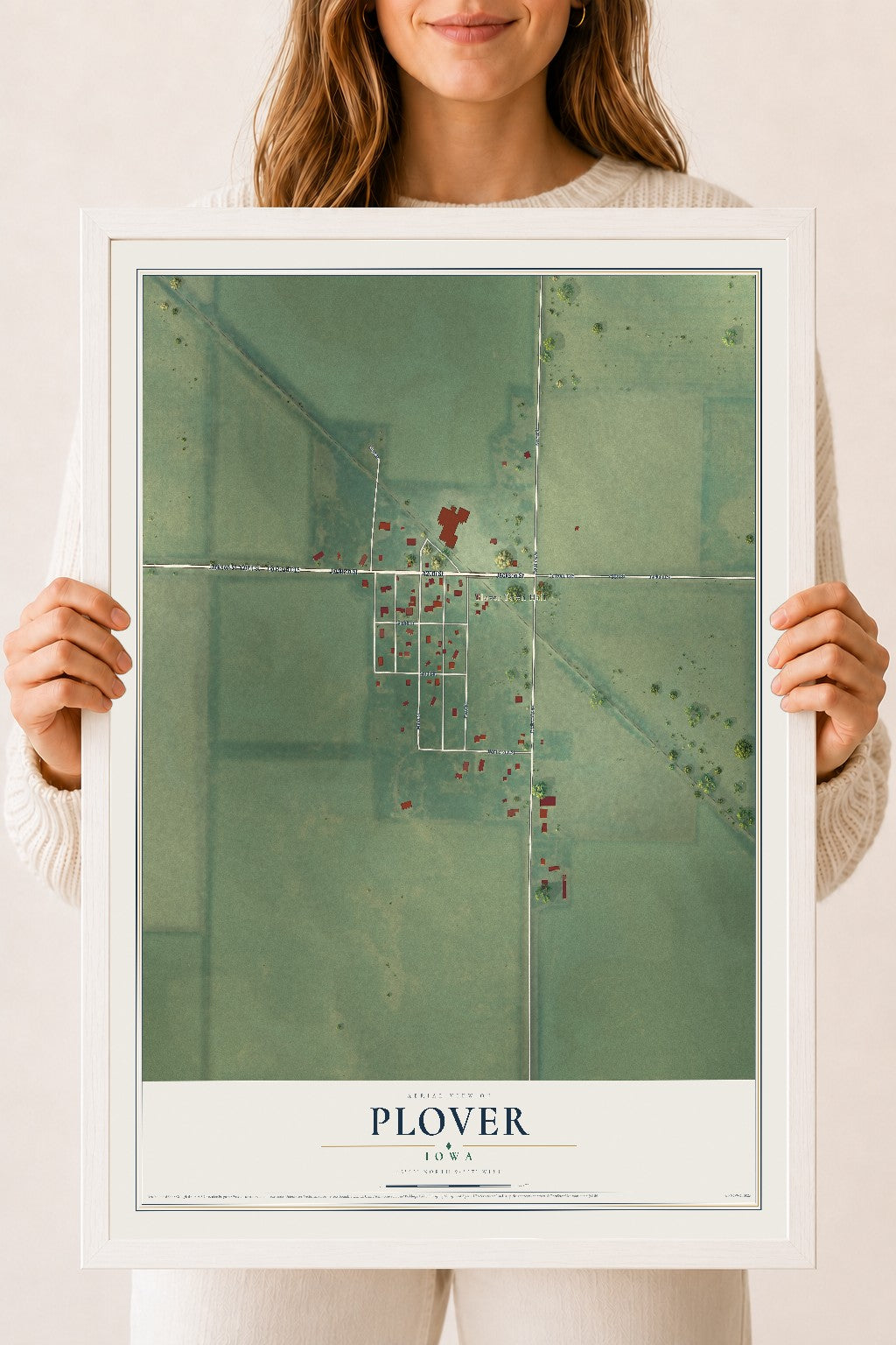 Map of Plover, Iowa, 18 x 24 inch print in a white wood frame