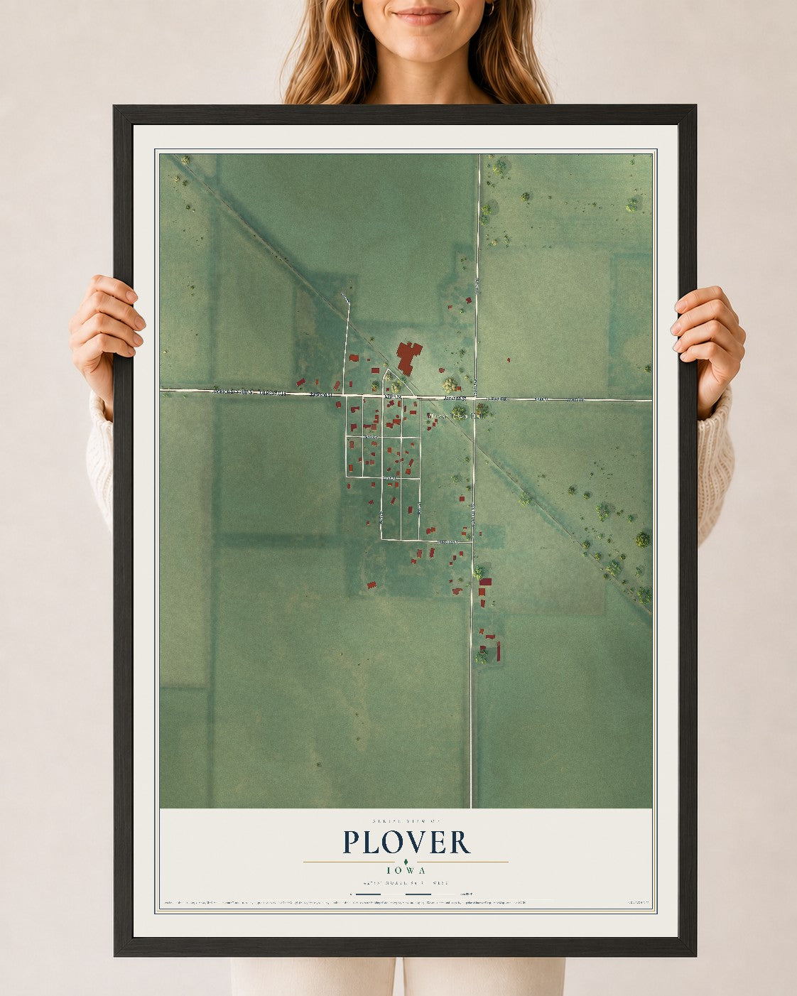Map of Plover, Iowa, 24 x 36 inch print in a black wood frame