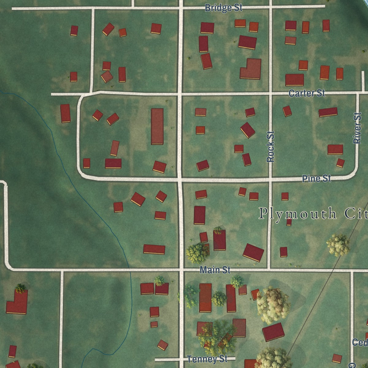 Close-up of the map of Plymouth, Iowa print showing street and building detail