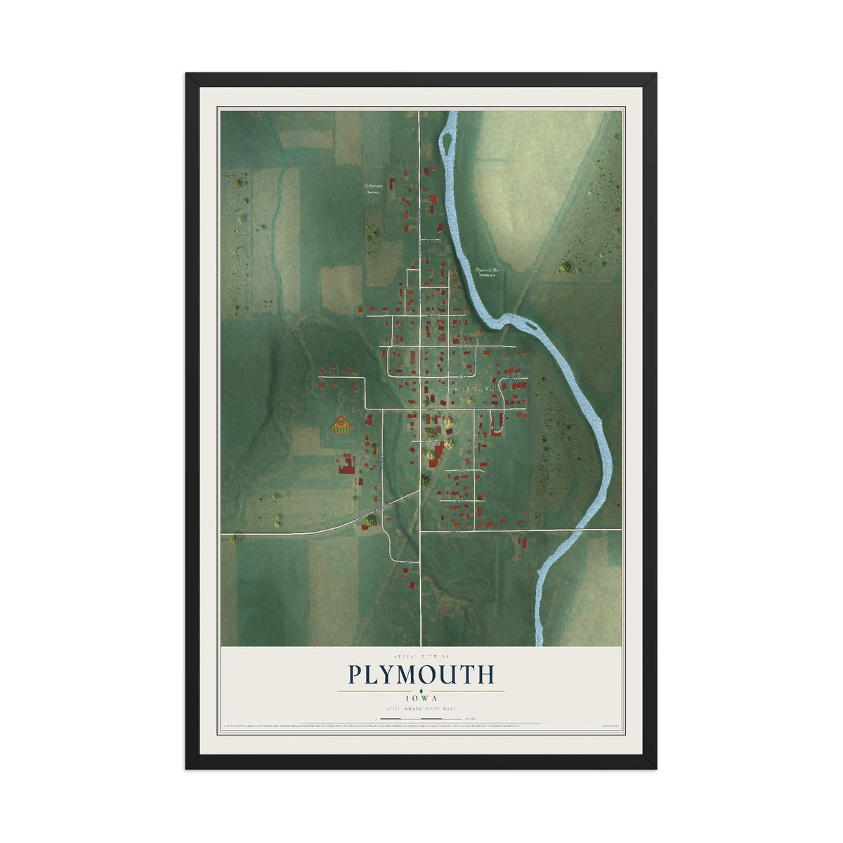 Map of Plymouth, Iowa, 12 x 18 inch print in a black wood frame