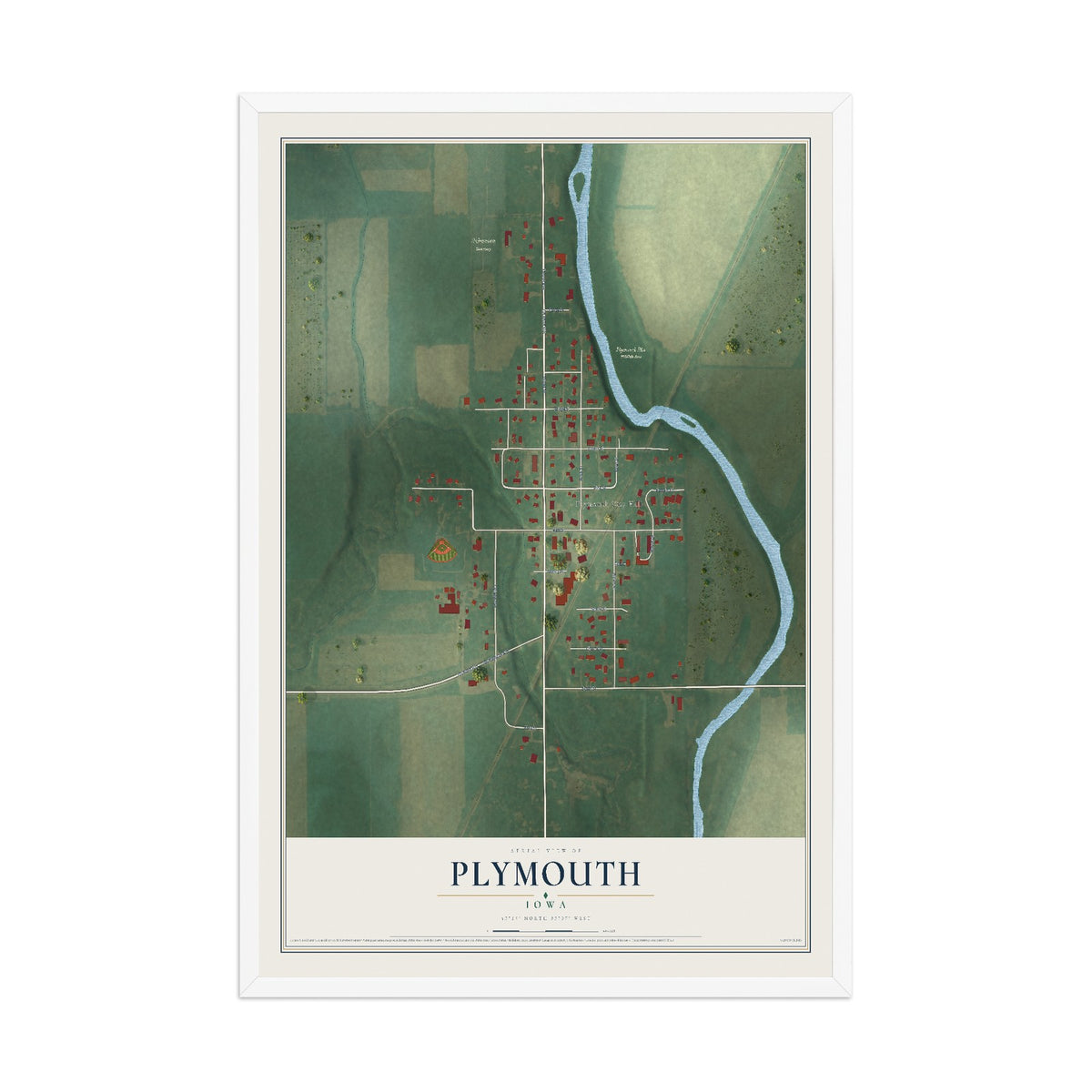 Map of Plymouth, Iowa, 12 x 18 inch print in a white wood frame