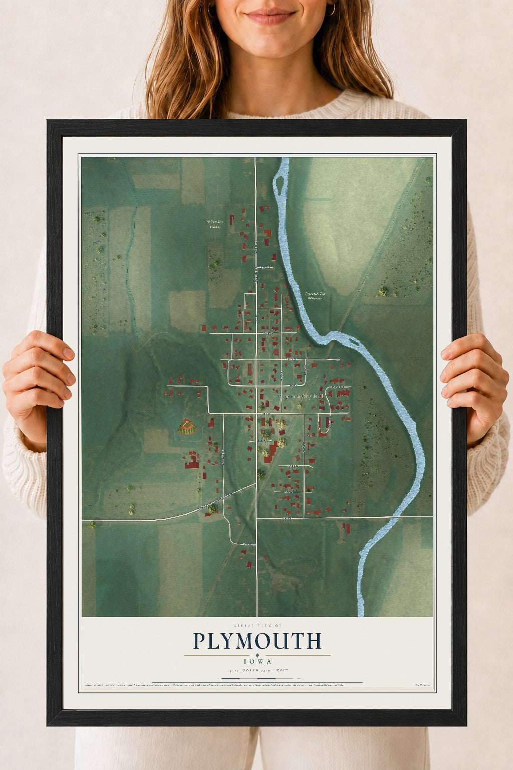 Map of Plymouth, Iowa, 18 x 24 inch print in a black wood frame