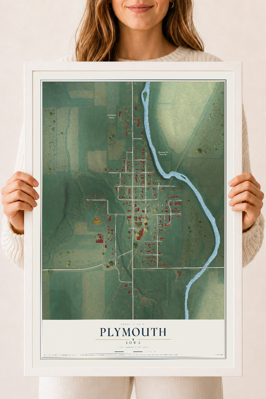 Map of Plymouth, Iowa, 18 x 24 inch print in a white wood frame