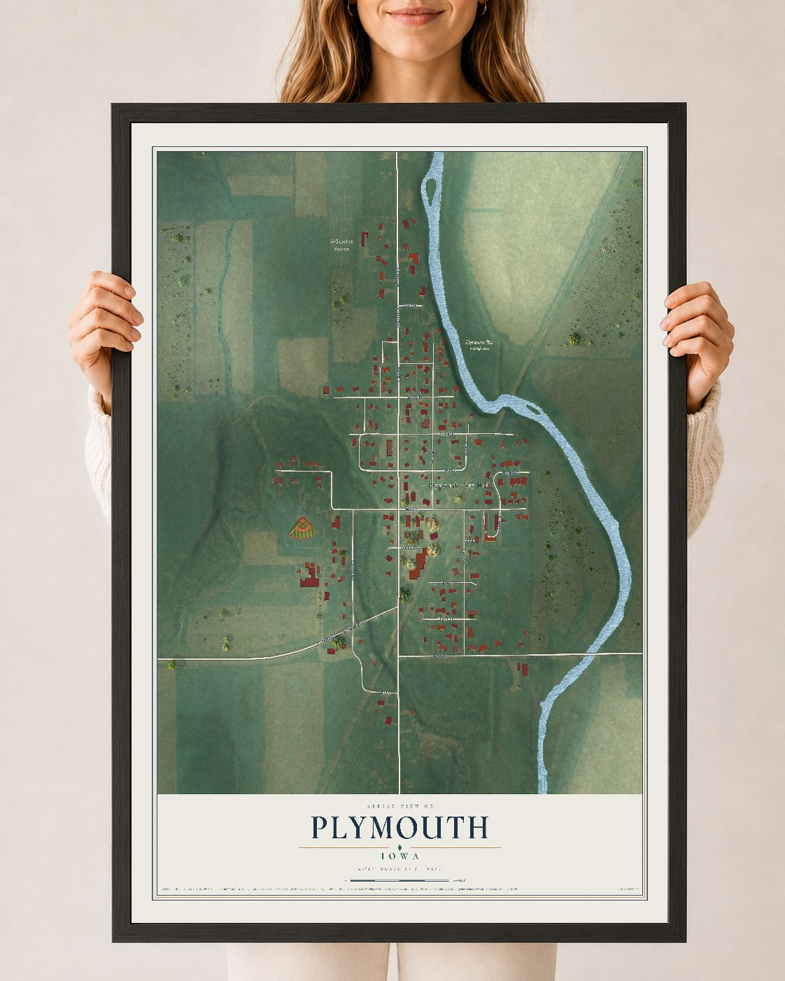 Map of Plymouth, Iowa, 24 x 36 inch print in a black wood frame