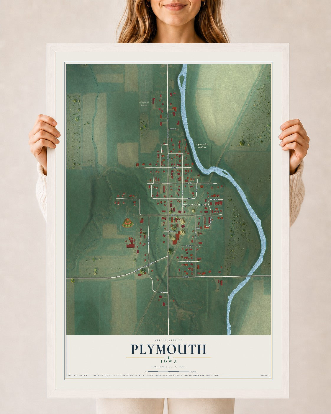 Map of Plymouth, Iowa, 24 x 36 inch print in a white wood frame