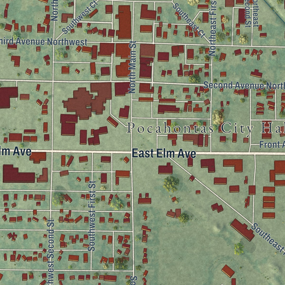 Close-up of the map of Pocahontas, Iowa print showing street and building detail