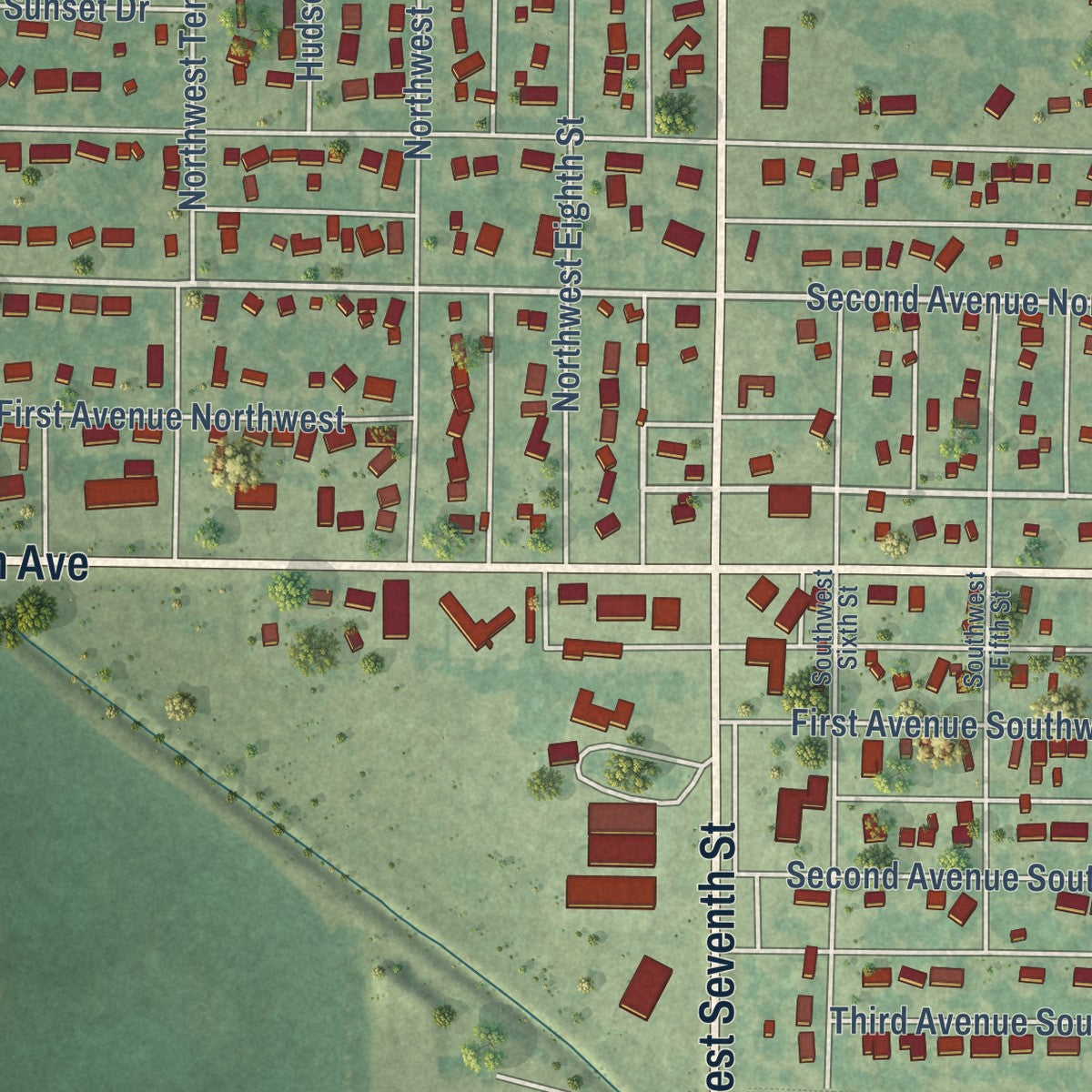 Second close-up of the map of Pocahontas, Iowa print showing more streets and buildings