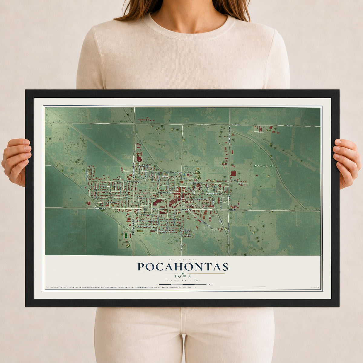 Map of Pocahontas, Iowa, 12 x 18 inch print in a black wood frame