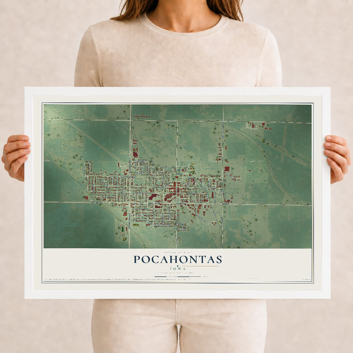Map of Pocahontas, Iowa, 12 x 18 inch print in a white wood frame