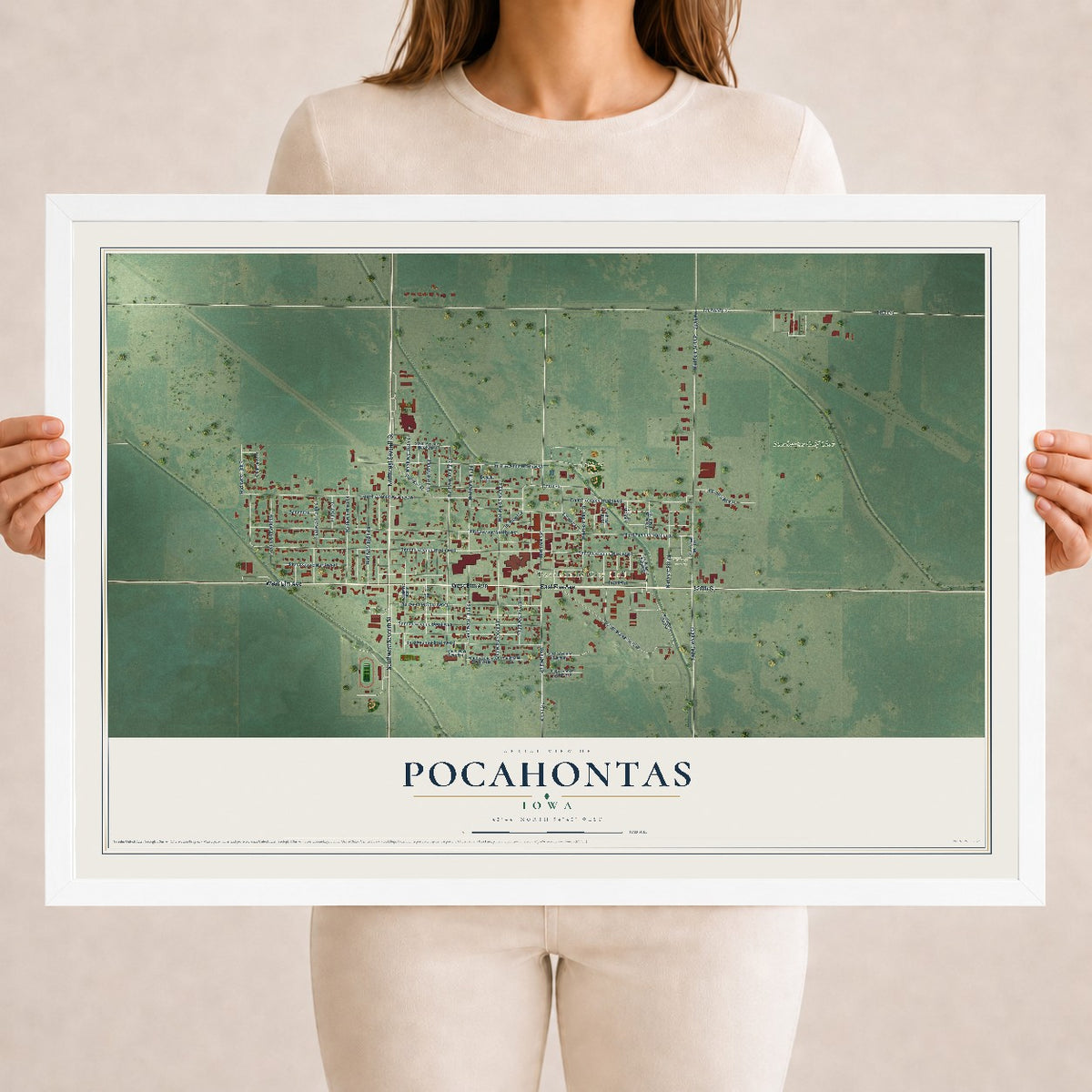 Map of Pocahontas, Iowa, 18 x 24 inch print in a white wood frame