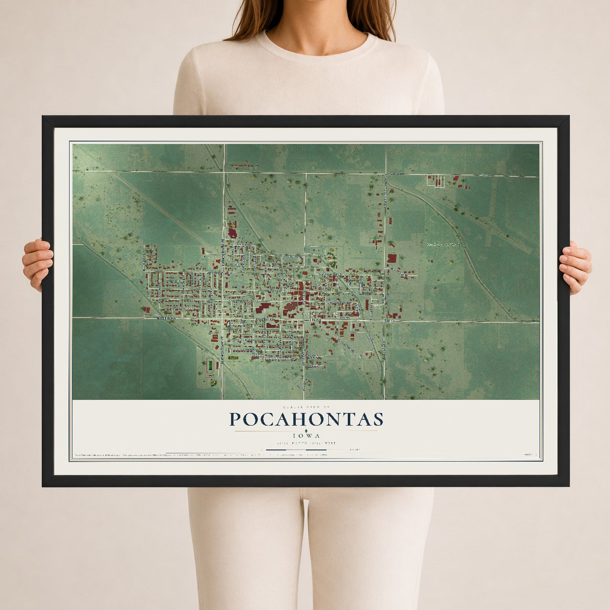 Map of Pocahontas, Iowa, 24 x 36 inch print in a black wood frame
