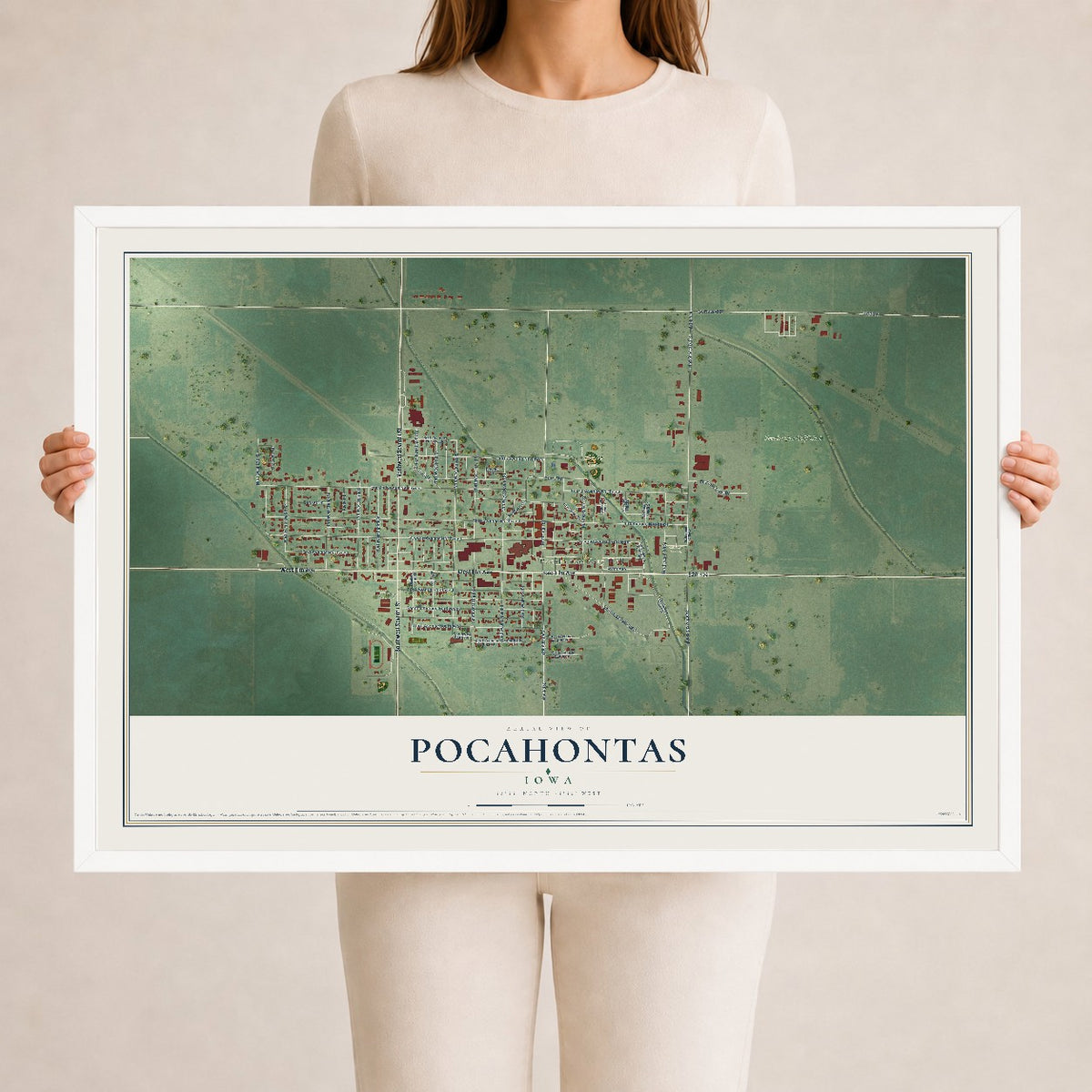 Map of Pocahontas, Iowa, 24 x 36 inch print in a white wood frame
