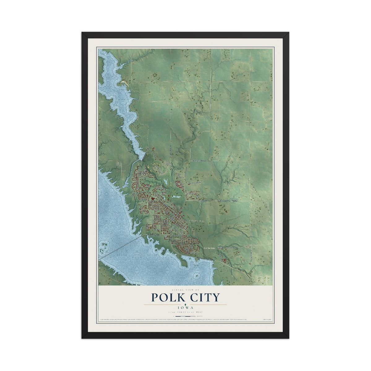 Map of Polk City, Iowa, 12 x 18 inch print in a black wood frame