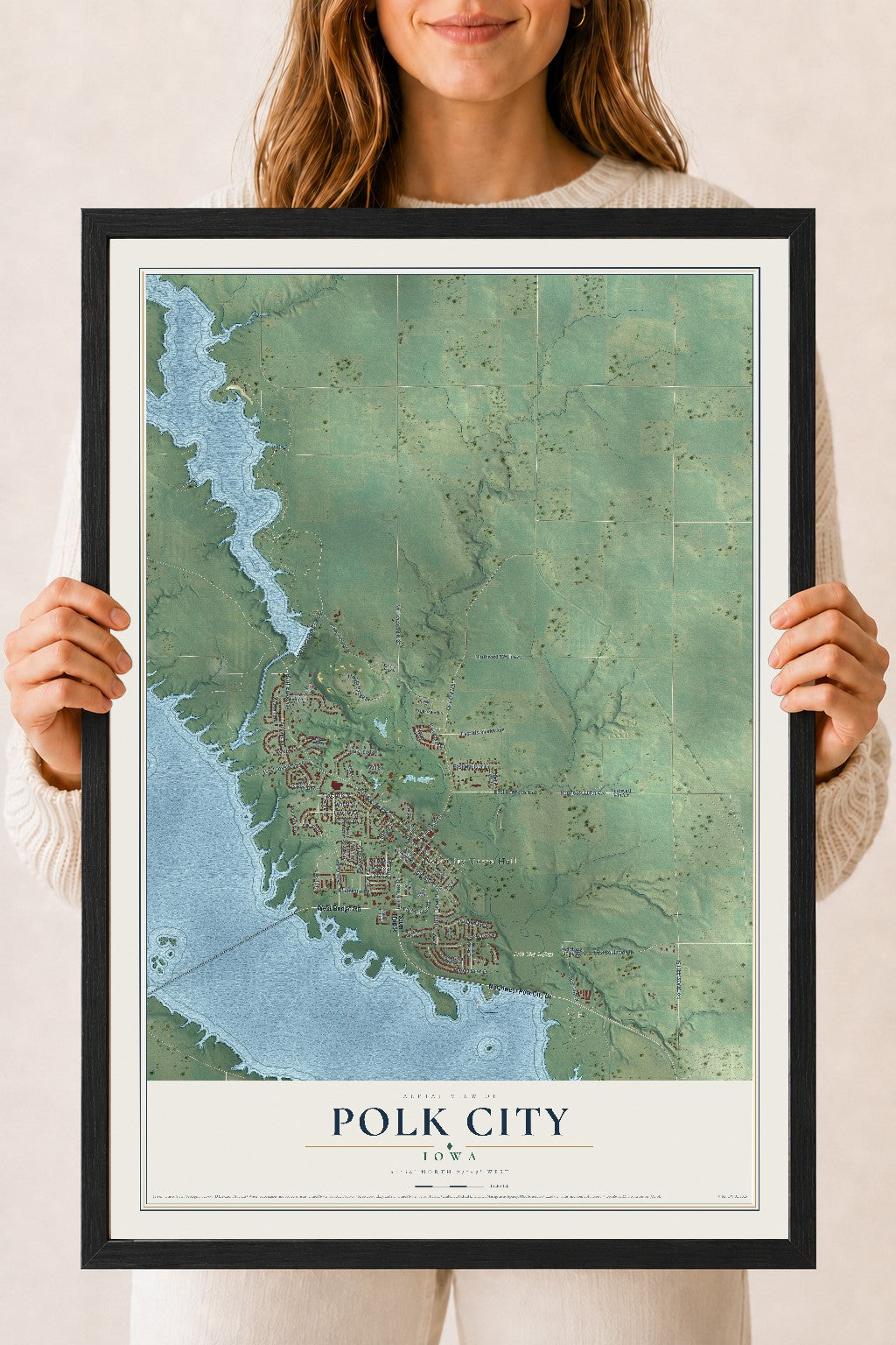 Map of Polk City, Iowa, 18 x 24 inch print in a black wood frame