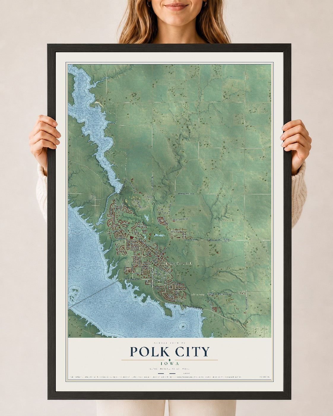 Map of Polk City, Iowa, 24 x 36 inch print in a black wood frame