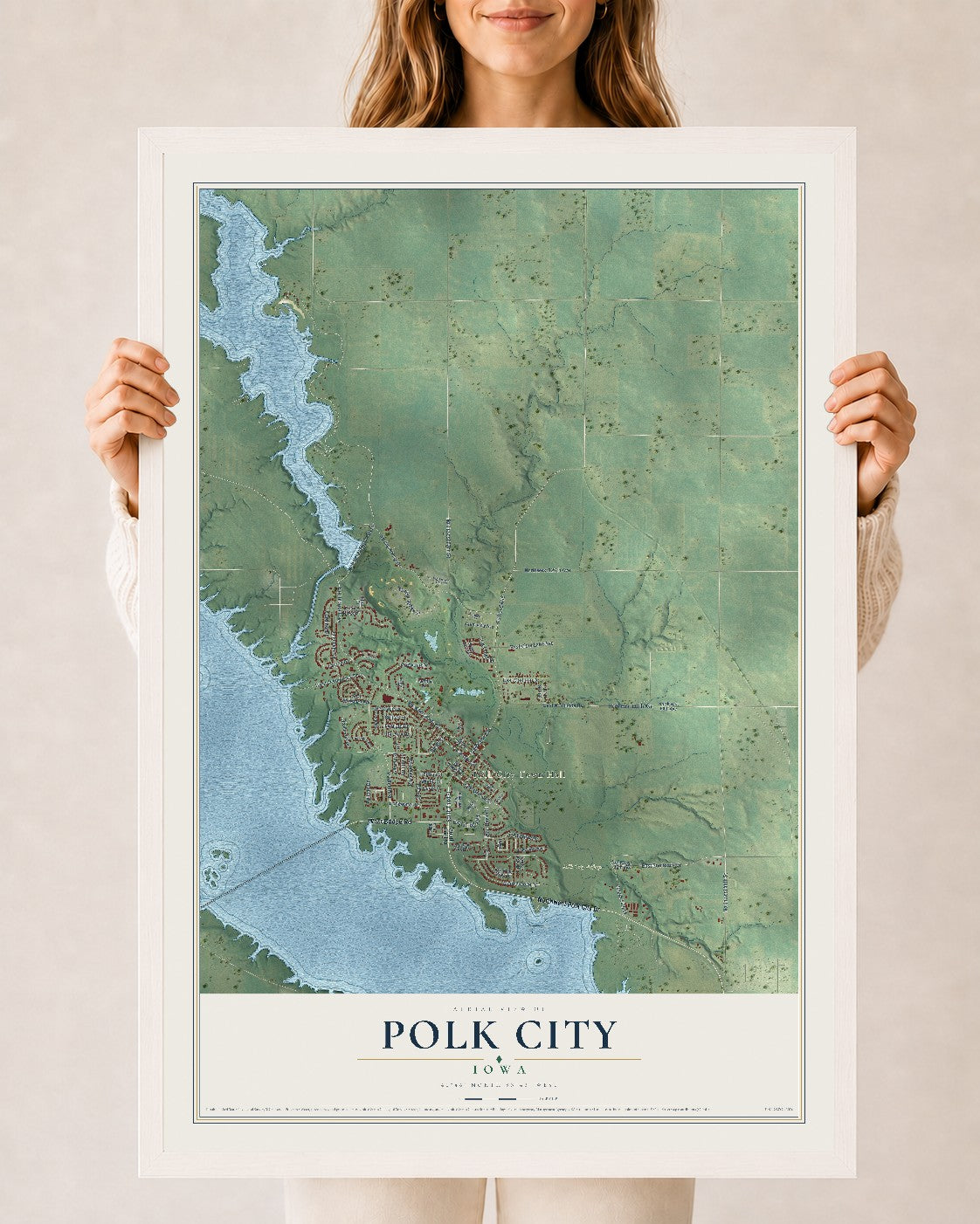 Map of Polk City, Iowa, 24 x 36 inch print in a white wood frame