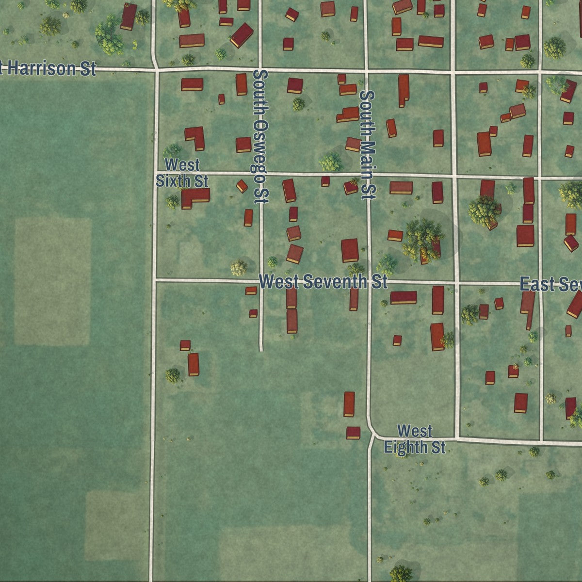 Second close-up of the map of Pomeroy, Iowa print showing more streets and buildings