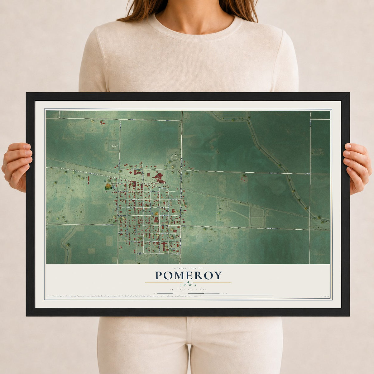 Map of Pomeroy, Iowa, 12 x 18 inch print in a black wood frame