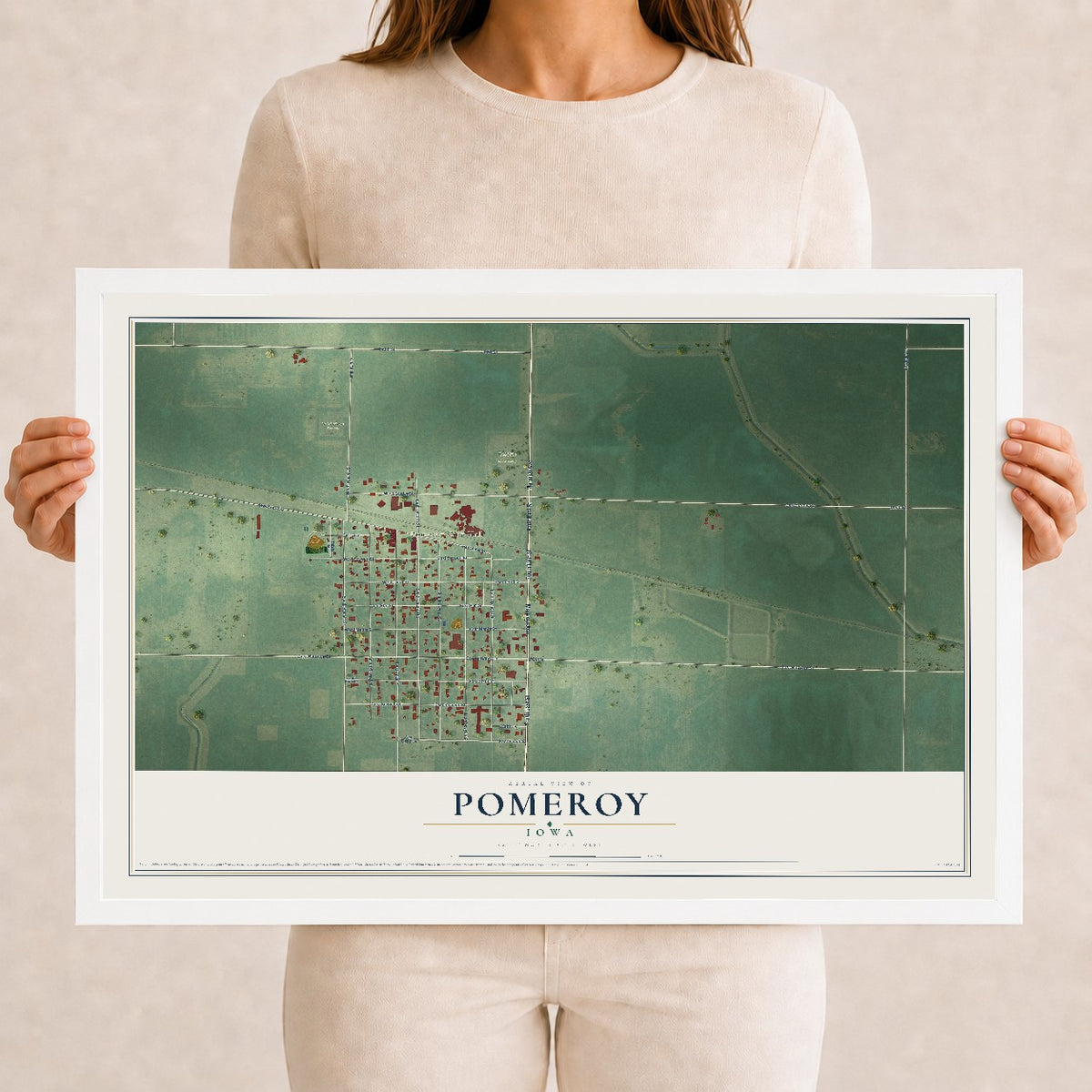 Map of Pomeroy, Iowa, 12 x 18 inch print in a white wood frame