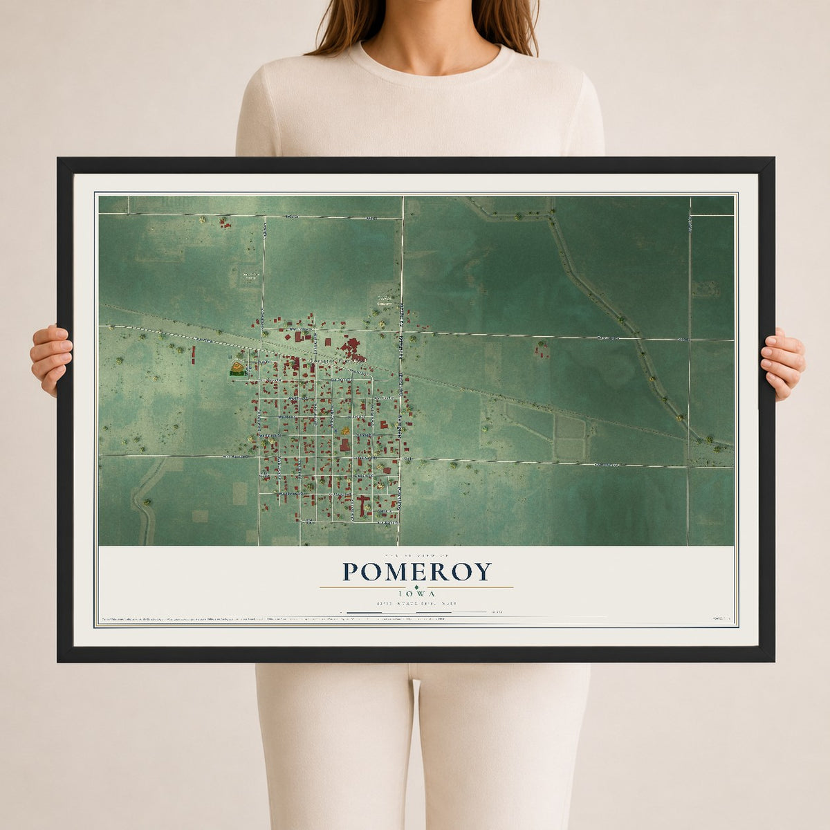 Map of Pomeroy, Iowa, 24 x 36 inch print in a black wood frame