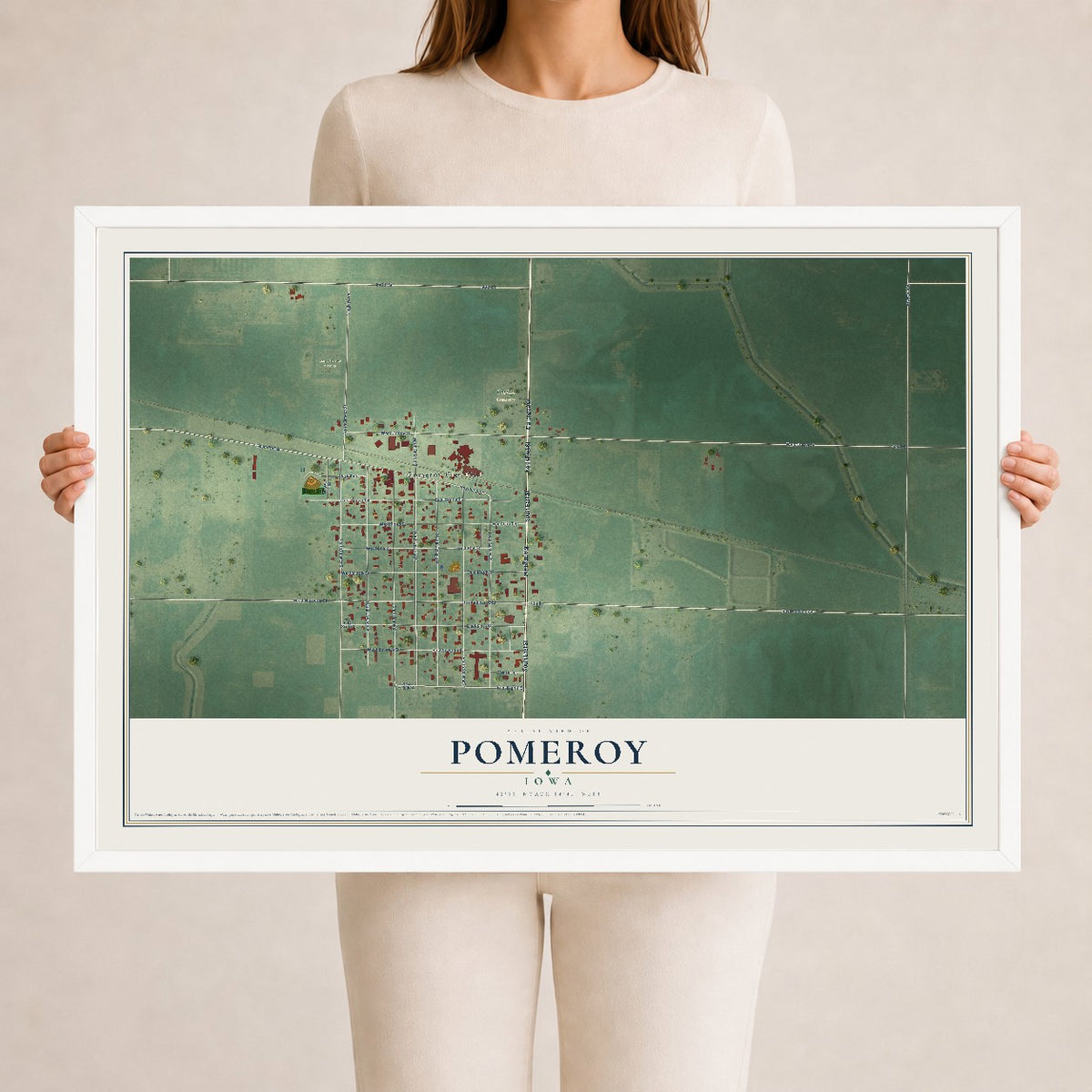 Map of Pomeroy, Iowa, 24 x 36 inch print in a white wood frame
