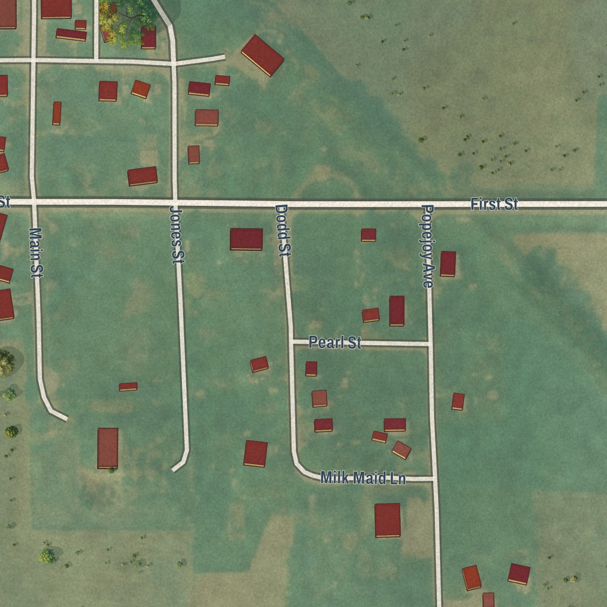 Second close-up of the map of Popejoy, Iowa print showing more streets and buildings