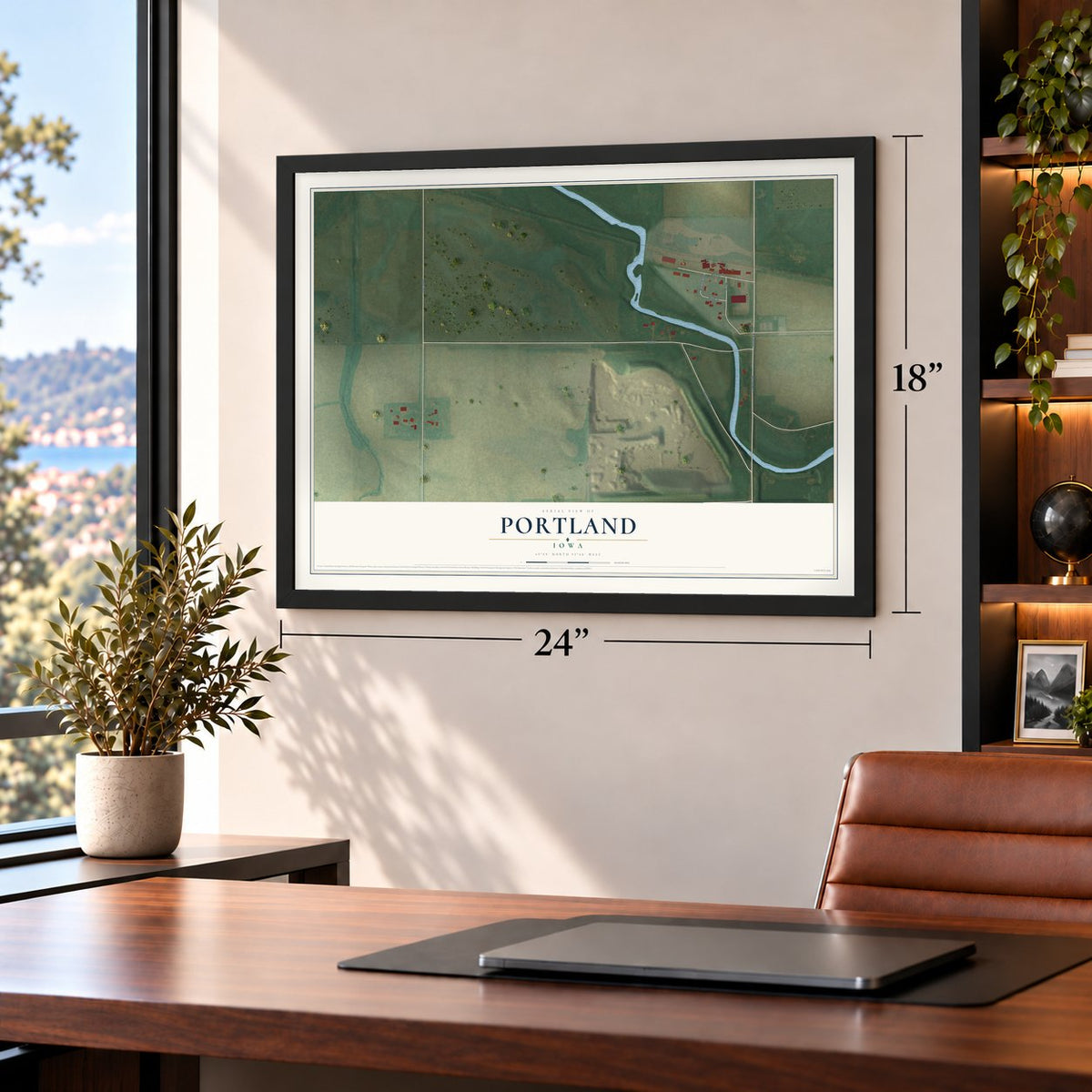 Portland, Iowa map, 18 x 24 inch print in a black frame in a home office