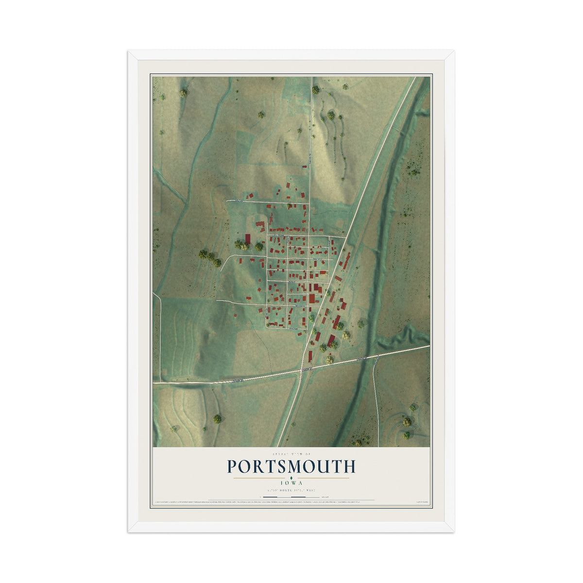 Map of Portsmouth, Iowa, 12 x 18 inch print in a white wood frame