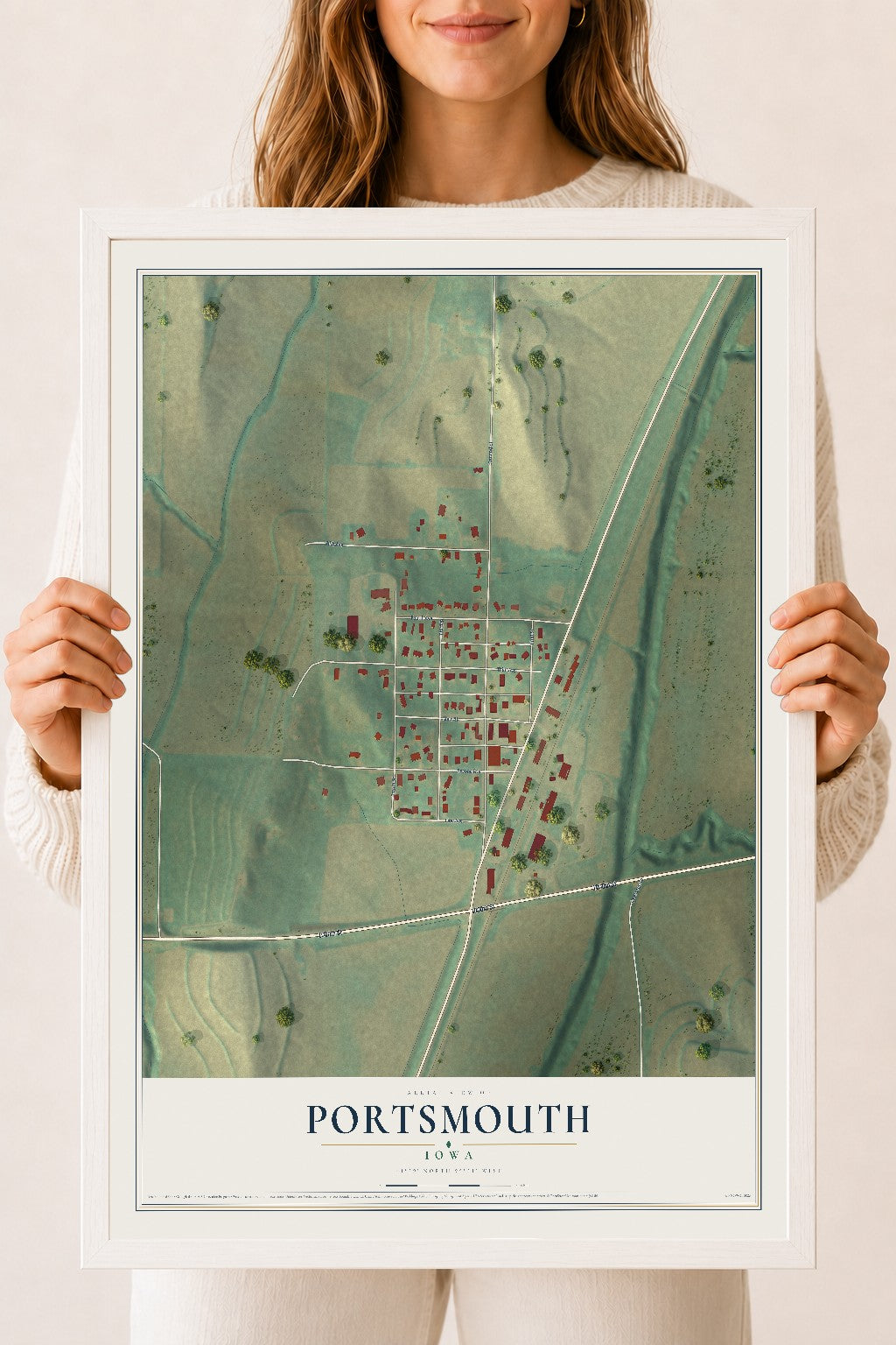 Map of Portsmouth, Iowa, 18 x 24 inch print in a white wood frame