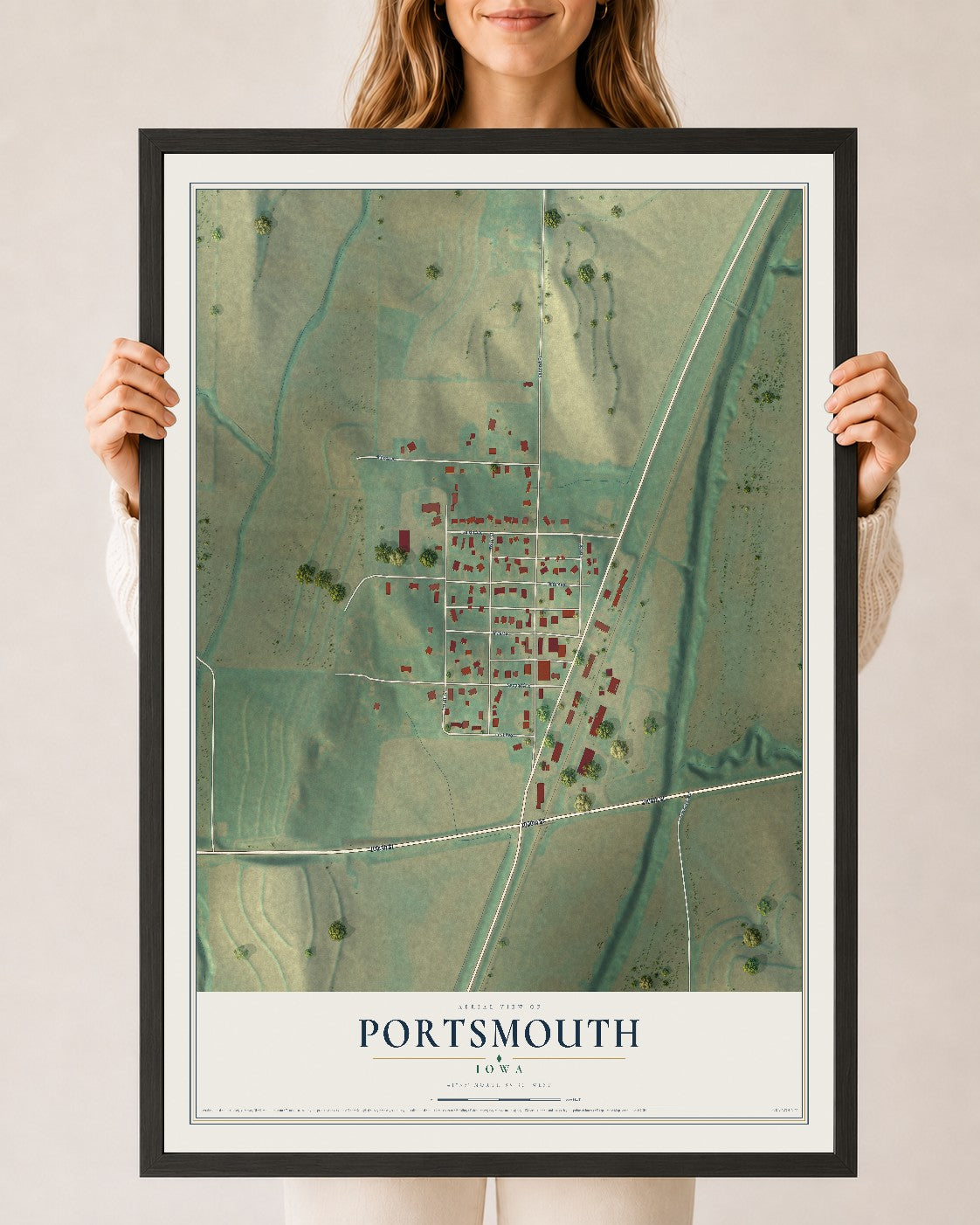 Map of Portsmouth, Iowa, 24 x 36 inch print in a black wood frame