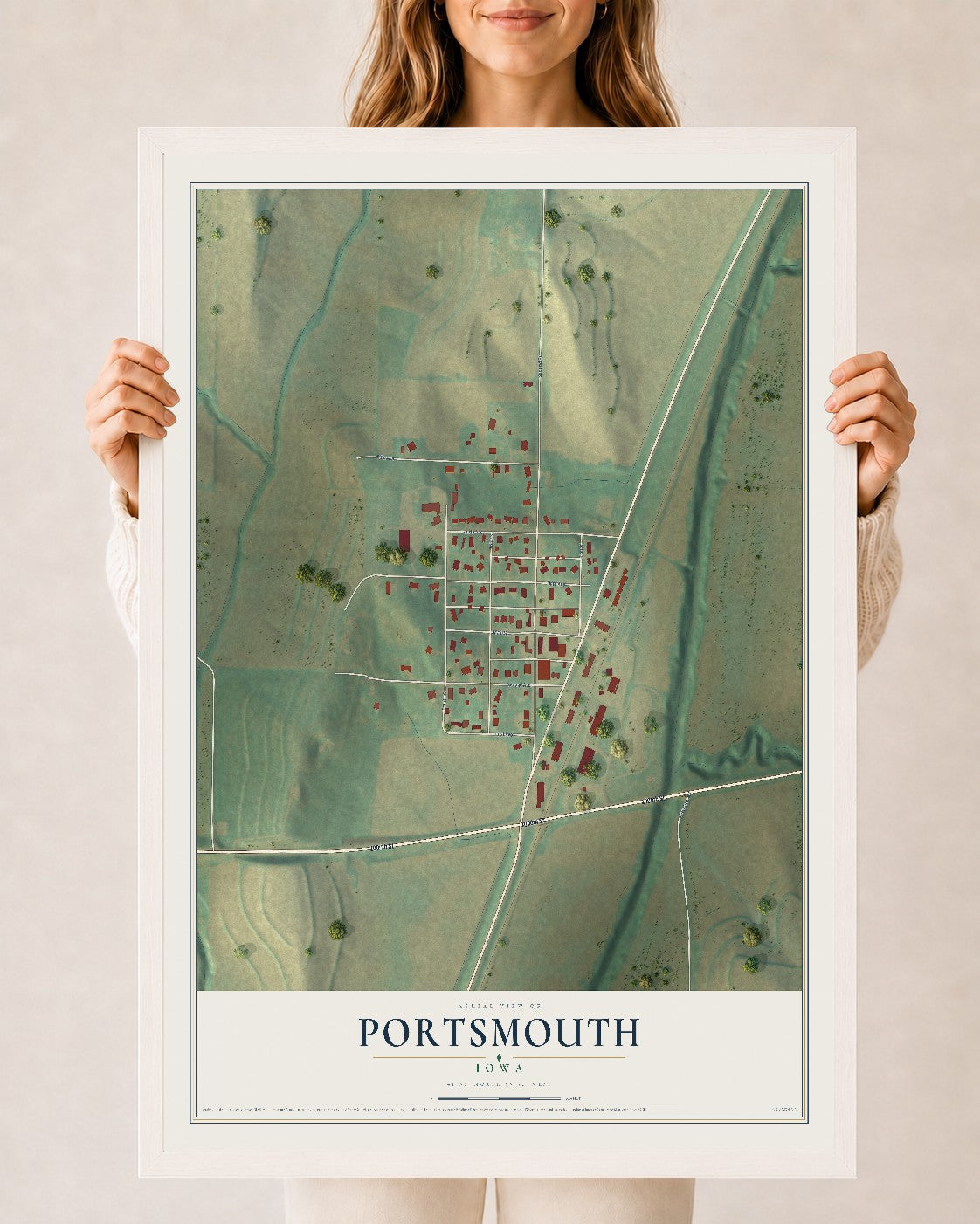 Map of Portsmouth, Iowa, 24 x 36 inch print in a white wood frame