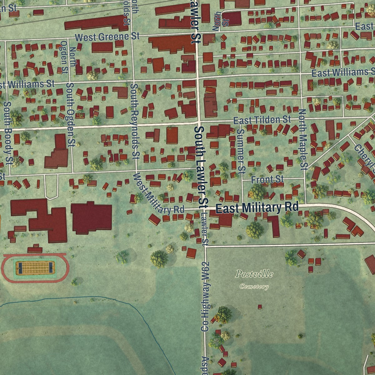 Close-up of the map of Postville, Iowa print showing street and building detail