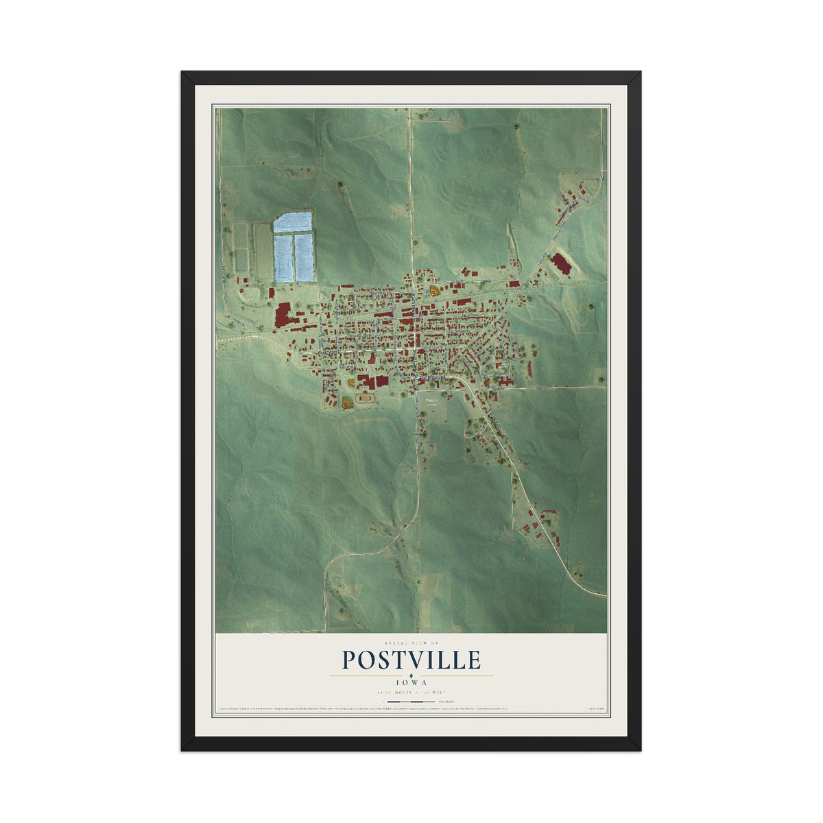 Map of Postville, Iowa, 12 x 18 inch print in a black wood frame