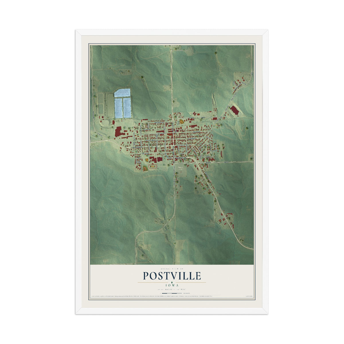 Map of Postville, Iowa, 12 x 18 inch print in a white wood frame